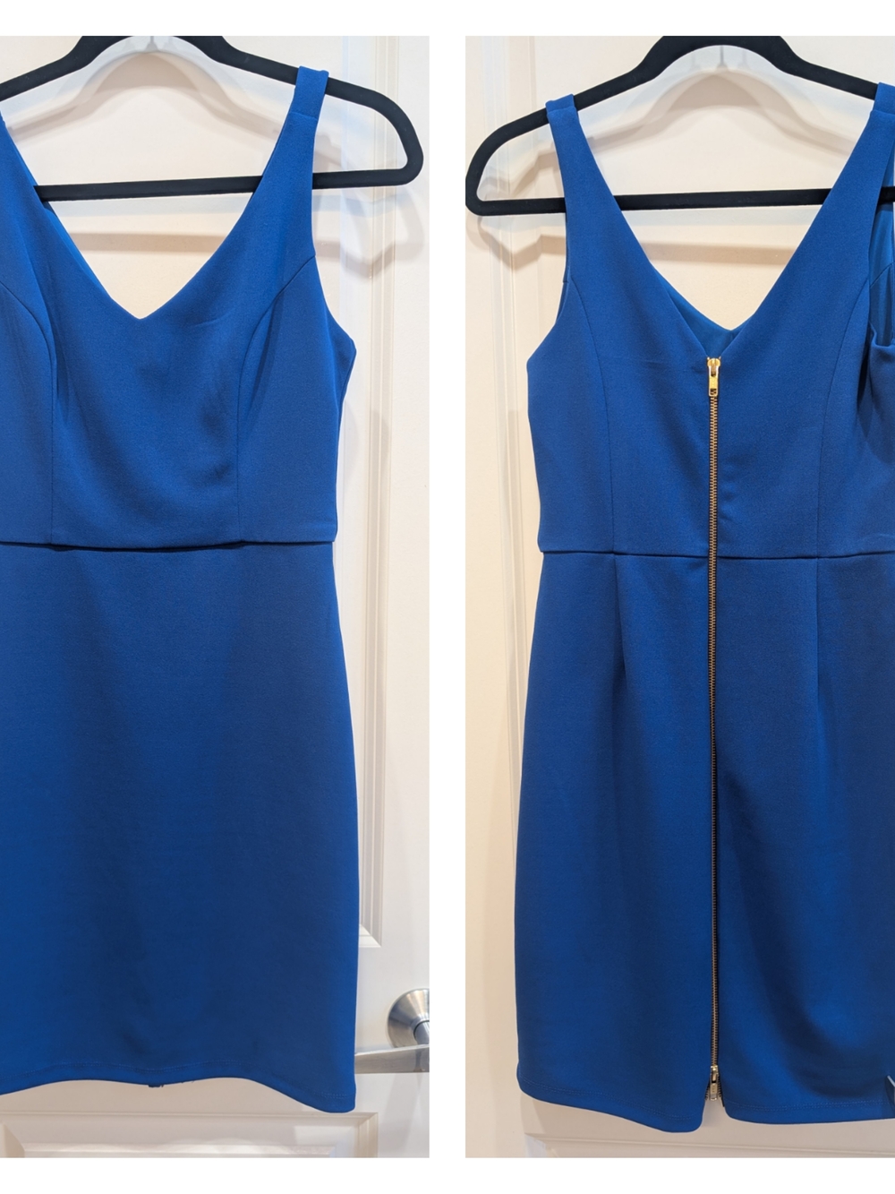 bebe Royal Blue V-Neck Mini Sheath Dress with Gold Zip